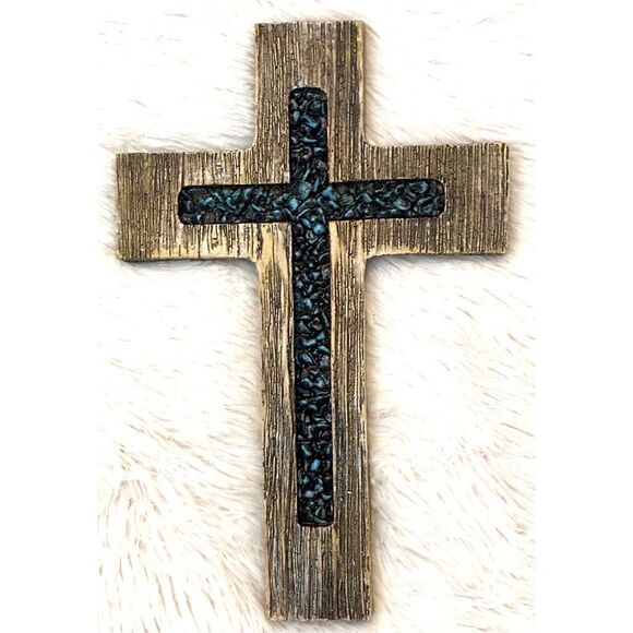 NWOT 12” Rustic Western Wooden Style Wall Cross With Turquoise Inlay - Picture 7 of 8